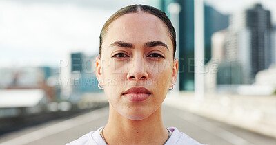 Buy stock photo Confident, fitness and portrait of woman in city with determination for exercise, training and sports. Runner, athlete and serious person in urban town for challenge, wellness and health outdoor
