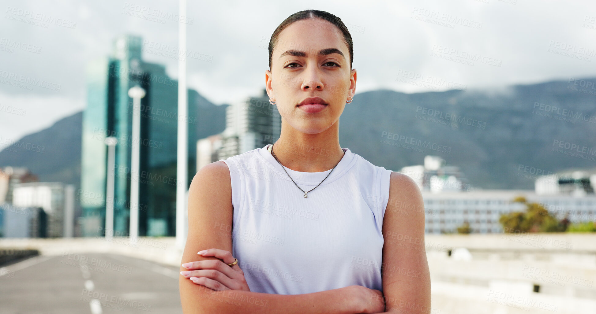 Buy stock photo Crossed arms, fitness and portrait of woman in city with confidence for exercise, training and sports. Runner, athlete and serious person in urban town for wellness, challenge and health outdoor