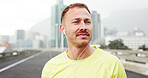 Thinking, earphones and man in city, fitness and calm with sound, exercise and audio tech. Playlist album, healthy person and runner with training, podcast and listening to music and streaming radio