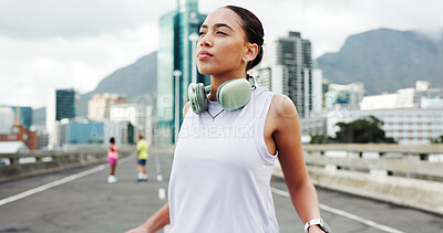 Buy stock photo Stretching, fitness and woman in city for exercise, marathon training and start workout outdoor. Sports, athlete and person with warm up for wellness, health and mobility for running in urban town