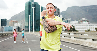 Buy stock photo Man, fitness and stretching with arms for workout preparation or outdoor exercise in city. Active, male person or getting ready with body warm up for flexibility, physical activity or training