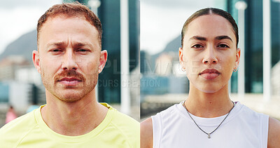Buy stock photo Collage, fitness and portrait of people in city with confidence for exercise, training and workout. Runner, montage and man and woman in town for marathon, challenge and running for health outdoor