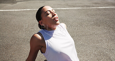 Buy stock photo Fitness, break and woman relax on ground, marathon training and outdoor exercise for wellness goal. Workout pause, morning run and athlete with space on road, cardio rest and peace from high angle