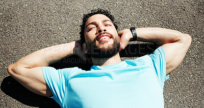 Buy stock photo Relax, exercise and above of man on road for rest, recovery and tired for fitness, workout and training. Sports, outdoor and person with fatigue in town for health, wellness and break for cardio