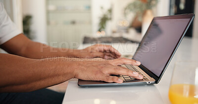 Buy stock photo Remote work from home, hands and man with laptop, copywriting and research for news report. Person, freelancer and journalist with pc, creativity and feedback with deadline for publication and email
