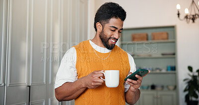 Buy stock photo Coffee, phone and happy man in home for online notification, message update or morning news. Mobile, tea and person with drink in apartment, reading text or chat for communication on social media