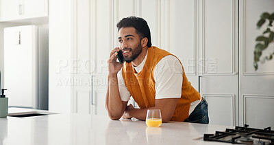 Buy stock photo Phone call, contact and freelancer with man in kitchen for communication, project update and editor feedback. Chat, discussion and remote worker or person in home for reporter fact check and network