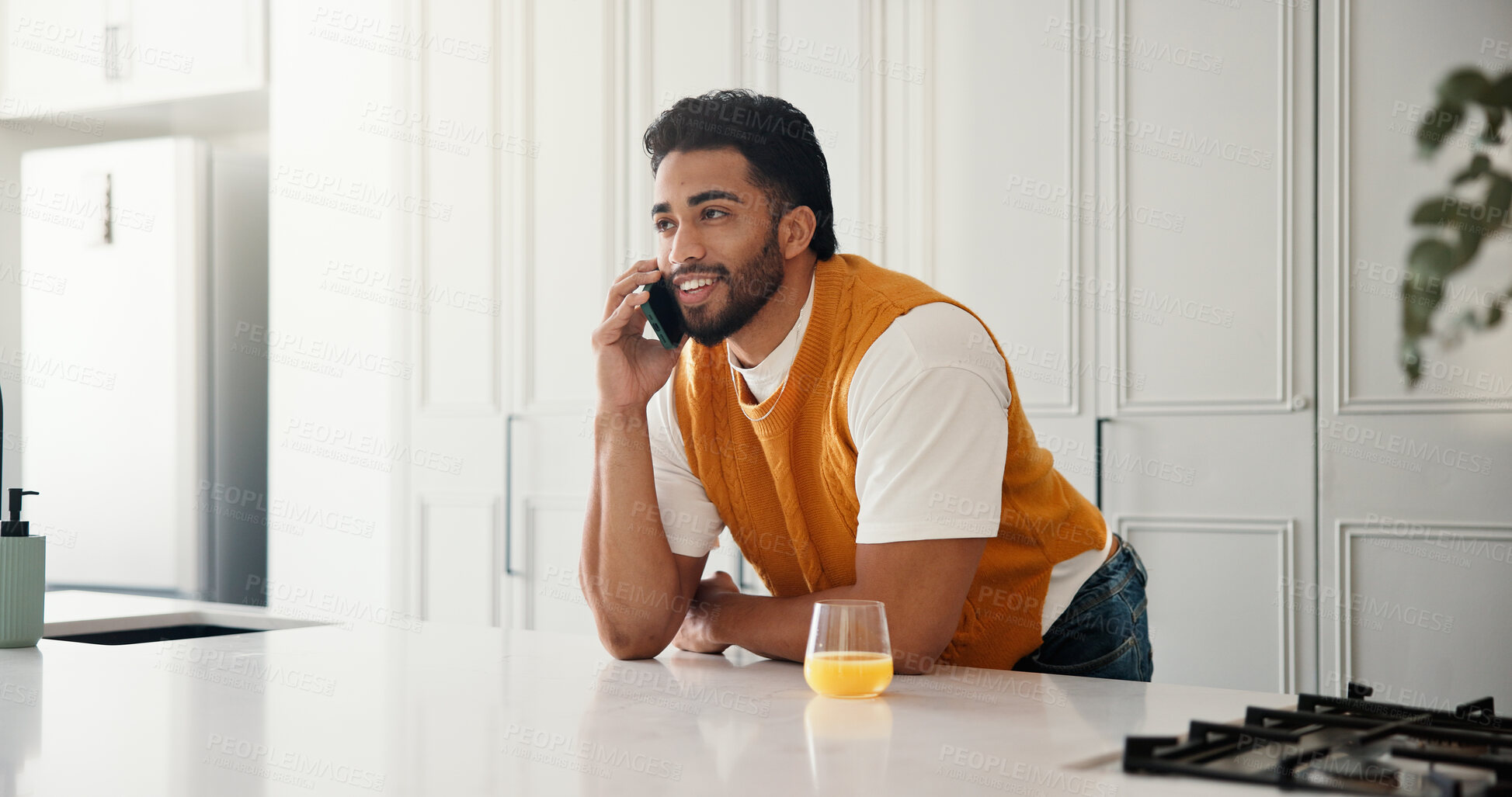 Buy stock photo Phone call, contact and freelancer with man in kitchen for communication, project update and editor feedback. Chat, discussion and remote worker or person in home for reporter fact check and network