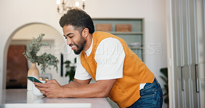 Buy stock photo Home, cellphone and man with smile, connection and social media with communication. Happy, smartphone and person with email notification, funny meme and texting with network and online reading