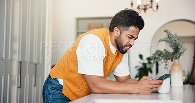 Buy stock photo Confused, reading and man with phone in home with notification, networking or social media. Doubt, error and male person with cellphone for spam text or subscription cancellation on app in house.