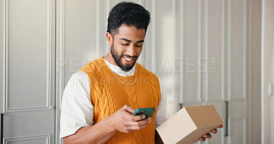 Buy stock photo Box, delivery and phone with happy man in home for ecommerce, online order or shipping success. App, package and review with smile of customer in apartment for feedback or logistics confirmation