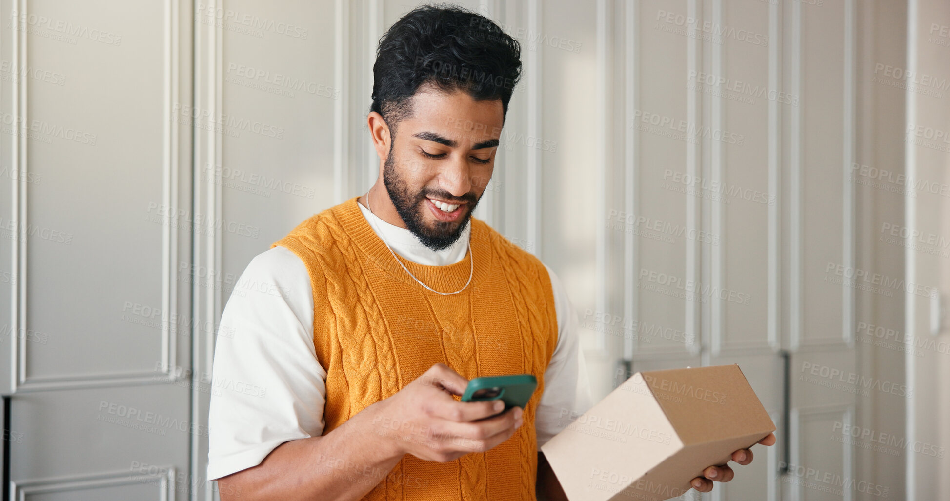 Buy stock photo Box, delivery and phone with happy man in home for ecommerce, online order or shipping success. App, package and review with smile of customer in apartment for feedback or logistics confirmation