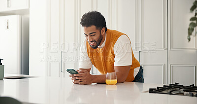Buy stock photo Home, smartphone and man with smile, internet and social media with communication. Cellphone, typing and person with happiness, email and connection with network, online reading or message to contact