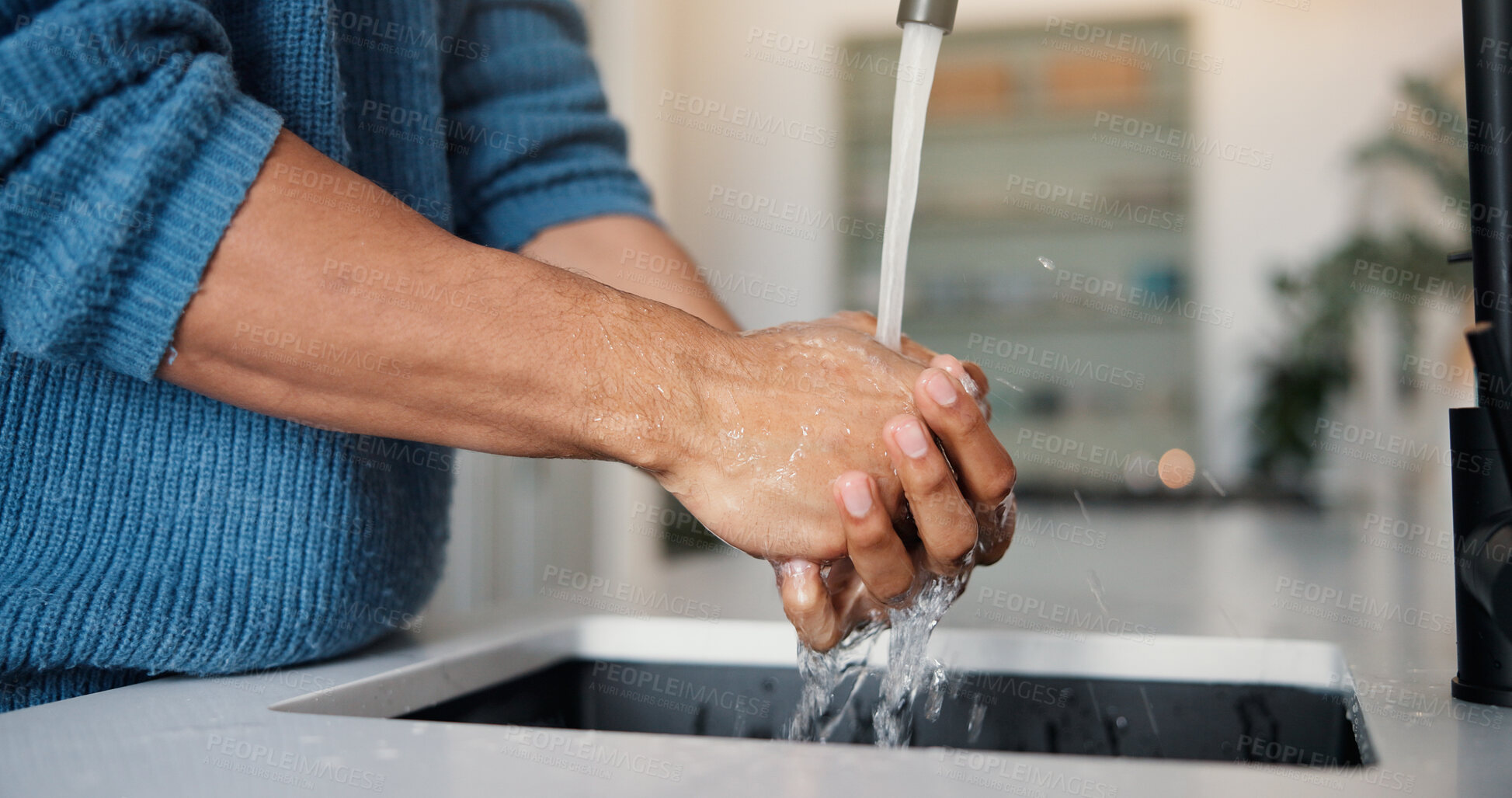 Buy stock photo Person, water and washing hands with tap in kitchen for hygiene, disinfection or rinse in home. Self care, man or sink with faucet, health or safety for clean skin, bacteria or germ removal in house