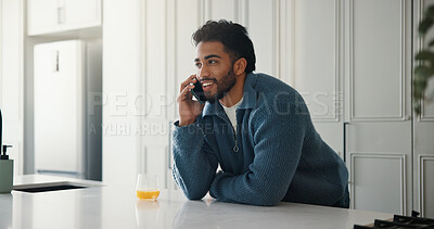 Buy stock photo Phone call, chat and freelancer with man in kitchen for communication, project update and editor feedback. Contact, discussion and remote worker or person in home for reporter fact check and network