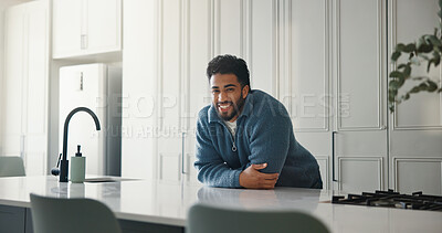 Buy stock photo Property, portrait and man in kitchen with pride, fresh start and investment in dream house. Success, real estate and happy male in home with arms crossed, relocation or achievement for new homeowner