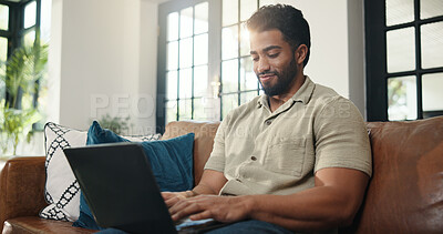 Buy stock photo Happy, typing and man with laptop, lounge and ebook marketing on web, writer and remote work in home. Creative, brand awareness and self publisher with tech for novel promotion and person on couch