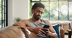 Relax, reading and man with phone on couch, check social media or browsing internet for digital book. Email notification, texting or person chilling in home with mobile app, blog post or watch video