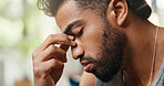Home, headache and man with pain, tired and stress with challenge, frustrated and eye strain. Apartment, migraine and person in lounge, burnout and overwhelmed with tension, fatigue and exhausted