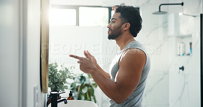 Buy stock photo Finger gun, mirror and man in bathroom, muscle growth and grooming with morning routine. House, hand gesture and healthy person with confidence, hyping and pride with wellness, pointing and fitness