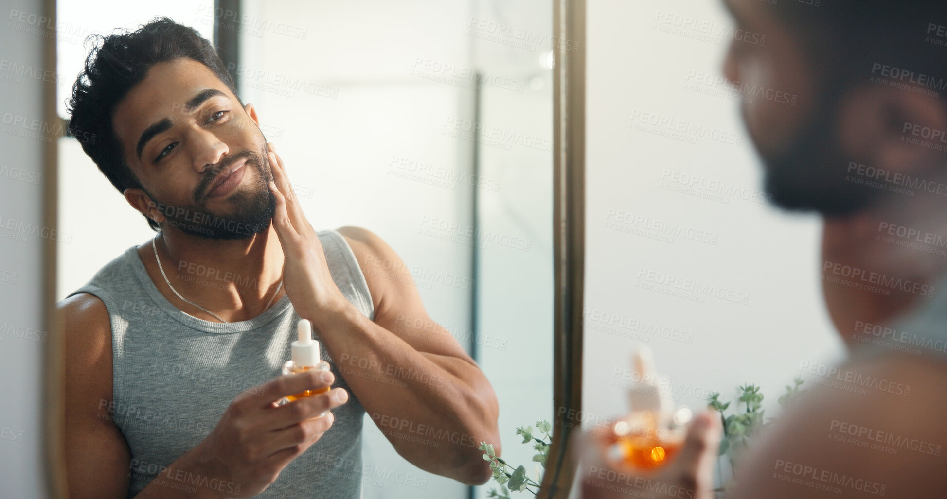 Buy stock photo Man, mirror and serum for skincare in bathroom for hydration, beard growth and self care. Male person, reflection and essential oil with collagen benefits, facial glow and hair maintenance at house