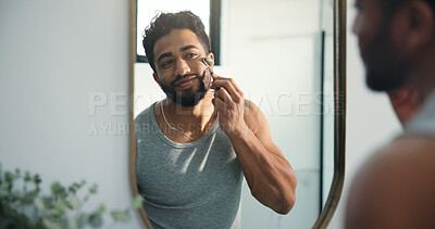 Buy stock photo Mirror, man and face roller for skincare, beauty and lymphatic drainage in bathroom. Massage, happy person and jade stone for blood circulation, healthy skin and dermatology with reflection in home