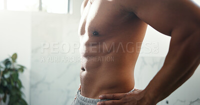 Buy stock photo Abs, body and health with man in bathroom of home for exercise, fitness or training results. Hygiene, six pack and stomach with shirtless person in apartment for cleaning, skincare or wellness