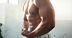 Hands, flex bicep and bodybuilder in bathroom, morning or strong muscle with results at home. Person, healthy body and fitness with abs, development and shirtless for growth with wellness at house