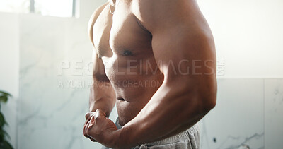 Buy stock photo Hands, flex bicep and bodybuilder in bathroom, morning or strong muscle with results at home. Person, healthy body and fitness with abs, development and shirtless for growth with wellness at house