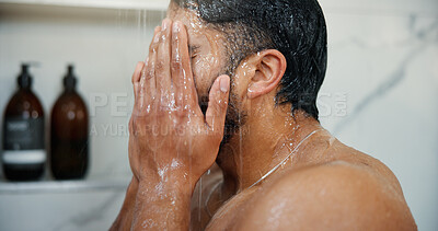 Buy stock photo Water, grooming and man in shower in bathroom for germs, dirt or bacteria removal with body care. Hygiene, dermatology and male person washing skin for health, wellness or morning routine in home.