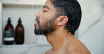 Water, body care and man in shower in bathroom for germs, dirt or bacteria removal with hygiene. Grooming, dermatology and male person washing skin for health, wellness or morning routine in home.