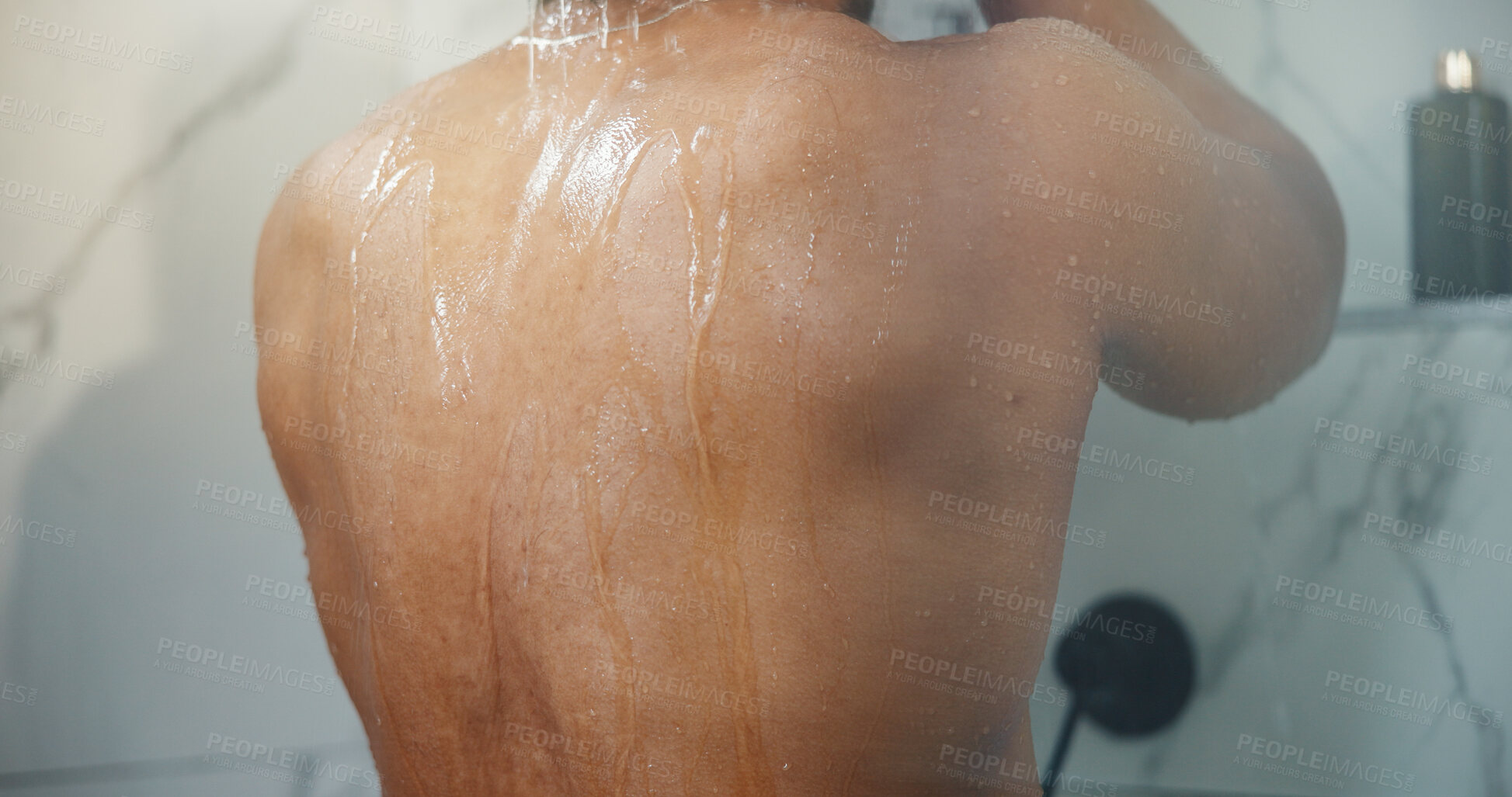 Buy stock photo Back, water and person in bathroom, cleaning and shower with morning routine, wellness and wet. Home, washing and liquid with aqua, hygiene and clean body with healthy skin, grooming and steam