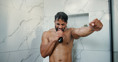 Buy stock photo Singing, hygiene and man in shower in bathroom with music for washing, body care or grooming. Dermatology, karaoke and male person with cleaning skin with water with playlist, radio or album in home.