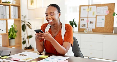 Buy stock photo Phone, happy and black woman in office with networking, communication or social media on break. Smile, technology and African female person with cellphone for texting, contact or chatting on app.
