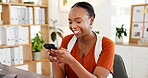 Branding, creative agency or black woman typing with phone for launch update, agenda or plan change. Marketing, writing email or happy campaign director with mobile, schedule strategy or calendar fix