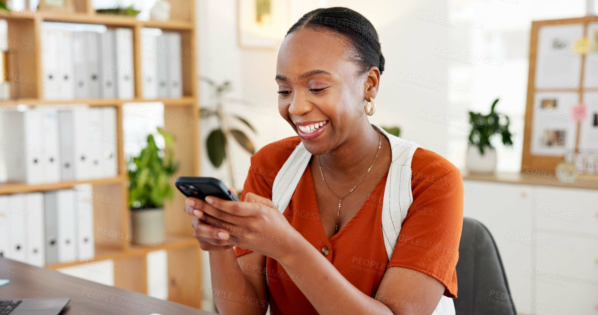 Buy stock photo Branding, creative agency or black woman typing with phone for launch update, agenda or plan change. Marketing, writing email or happy campaign director with mobile, schedule strategy or calendar fix