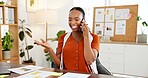 Advertising, manager or black woman with phone call for review, plan launch or schedule discussion. Paperwork, communication or campaign director with tech, brand project agenda or client negotiation