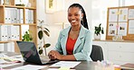 Accounting, laptop and portrait of business black woman in office to review sales report statistics. Computer, data and documents with happy African employee in workplace for management or planning