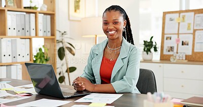 Buy stock photo Accounting, laptop and portrait of business black woman in office to review sales report statistics. Computer, data and documents with happy African employee in workplace for management or planning