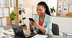 Accounting, laptop and phone with business black woman in office to review sales report statistics. App, computer and data documents with happy African employee at work for management or planning