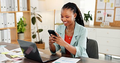Buy stock photo Accounting, laptop and phone with business black woman in office to review sales report statistics. App, computer and data documents with happy African employee at work for management or planning