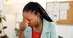 Stress, headache and black woman in office with deadline for creative project with mistake. Migraine, burnout and African female magazine editor with failure for article publishing in workplace.