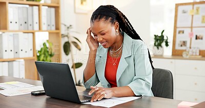 Buy stock photo Business, headache and black woman with laptop, stress or pressure with financial mistake in office. Pain, migraine and accountant with computer in workplace, tired and burnout with audit report