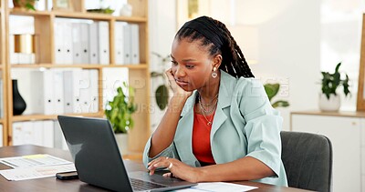 Buy stock photo Bored, employee and woman with laptop, office and tired of fact checking article, journalism and web. Exhausted, reporter and black person with technology for story, online and low energy in newsroom