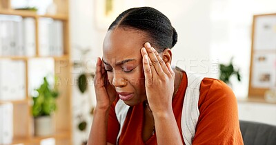 Buy stock photo Burnout, headache and black woman in office with deadline for creative project with mistake. Migraine, stress and African female magazine editor with failure for article publishing in workplace.