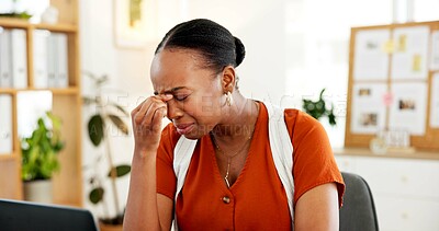 Buy stock photo Fatigue, headache and black woman in office with deadline for creative project with mistake. Migraine, burnout and African female magazine editor with stress for article publishing in workplace.