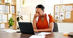 Stress, headache and black woman in office with laptop for creative project with mistake on deadline. Migraine, burnout and African magazine editor with failure for article publishing in workplace.