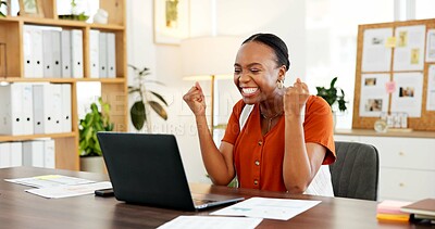 Buy stock photo Happy, business woman and fist pump with laptop for good news, celebration or promotion in office. Excited, female person and employee with profit on computer for deal, order or sale at workplace