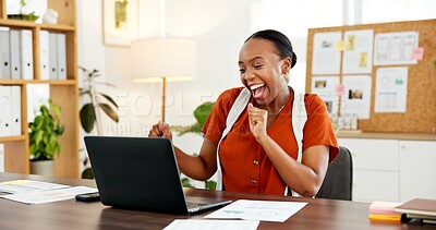 Buy stock photo Happy, black woman and dancing with laptop for good news, celebration or promotion in office. Excited, business person and employee with profit on computer for deal, order or sale at workplace