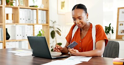 Buy stock photo Office, laptop and woman with credit card, online shopping and virtual payment for purchase and app. Happy, shopper and black person with technology for digital transaction, ecommerce and discount